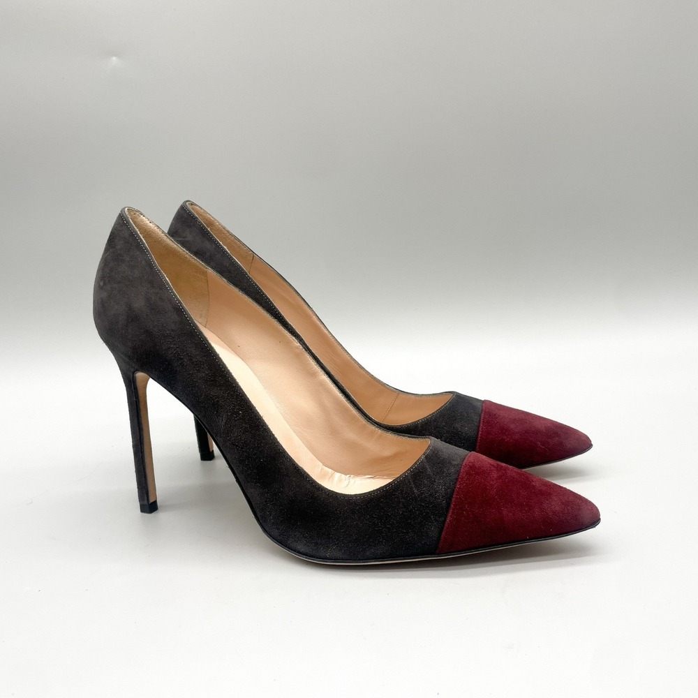 Manolo Blahnik Womens 40.5 BB Bipunta Pumps Grey Burgundy Suede Pointed Toe Heel